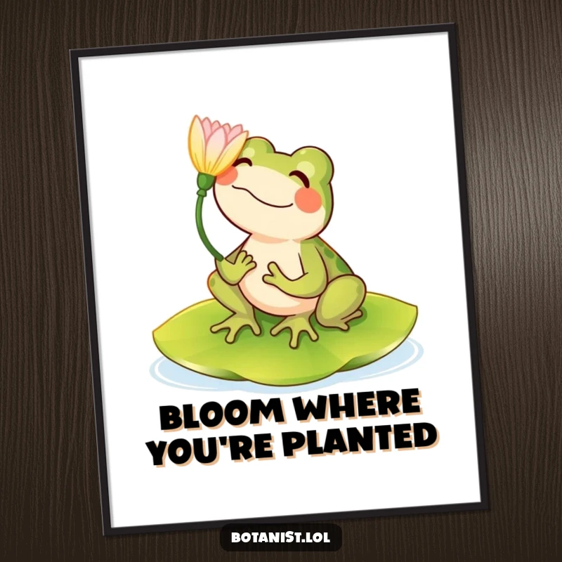 Funny poster art of a happy frog seated on a lily pad, admiring a vibrant bloom with contentment.