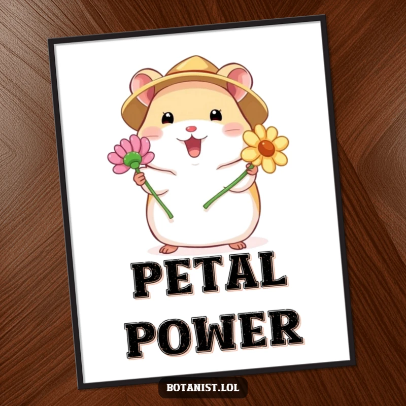 Funny poster of a chubby hamster in a straw hat, excitedly presenting a blooming flower, symbolizing joy, growth, and natural beauty.