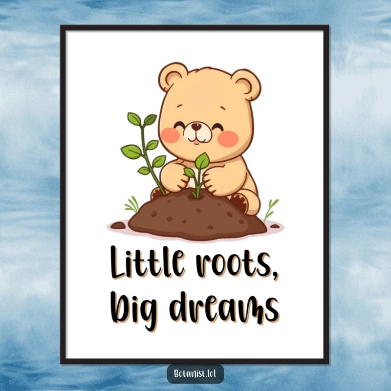 Funny poster featuring a happy bear cub diligently transplanting a seedling into soil, perfect for adding a touch of nature art.