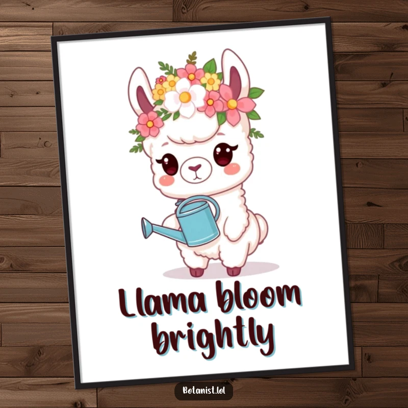Funny Poster: A proud llama adorned with a flower crown holds a watering can, exuding gentle floral charm.