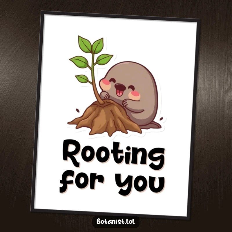 Funny Poster: A determined mole happily digs around plant roots, a vibrant depiction of subterranean gardening effort.