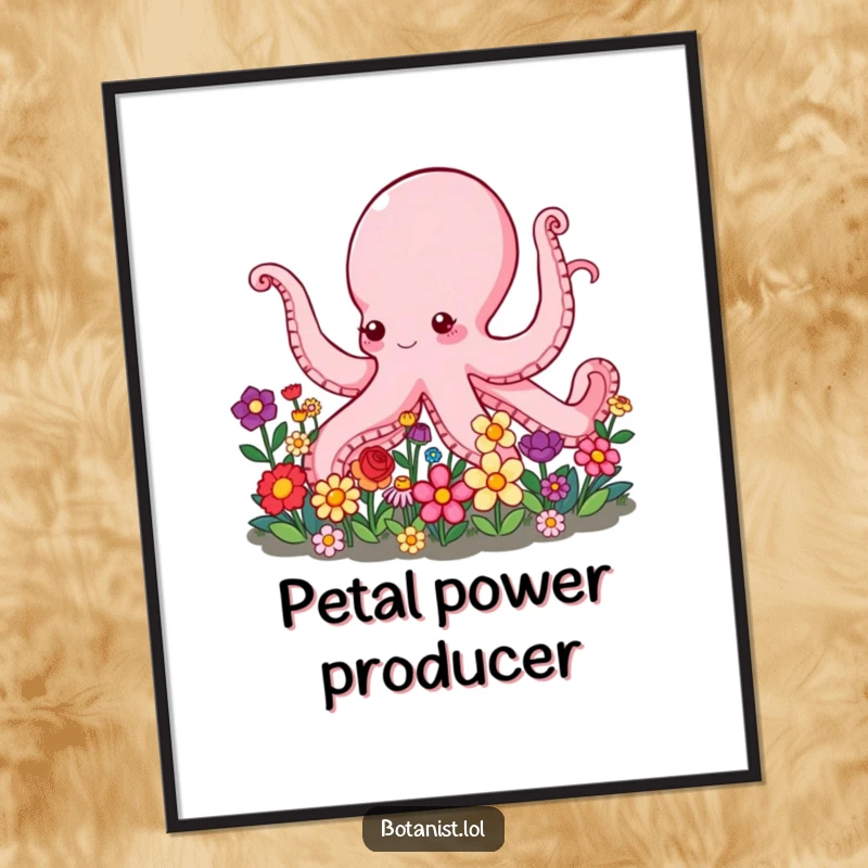 Funny Octopus Poster art of a cheerful octopus diligently tending a flourishing garden filled with a variety of colorful, blooming flowers.