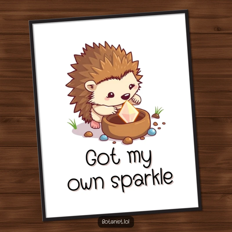 Funny hedgehog poster depicting a determined hedgehog digging and unearthing a sparkling gem from a pot, inspiring wall decor.