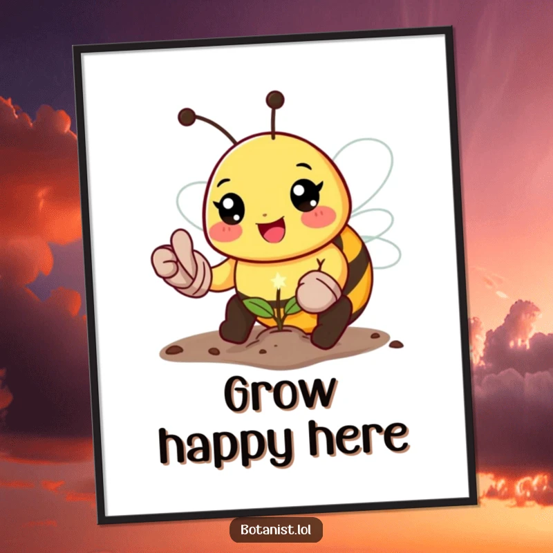 Funny bee gardener poster, featuring a happy bee with gloves planting a tiny sparkling seed, creating a joyful atmosphere.