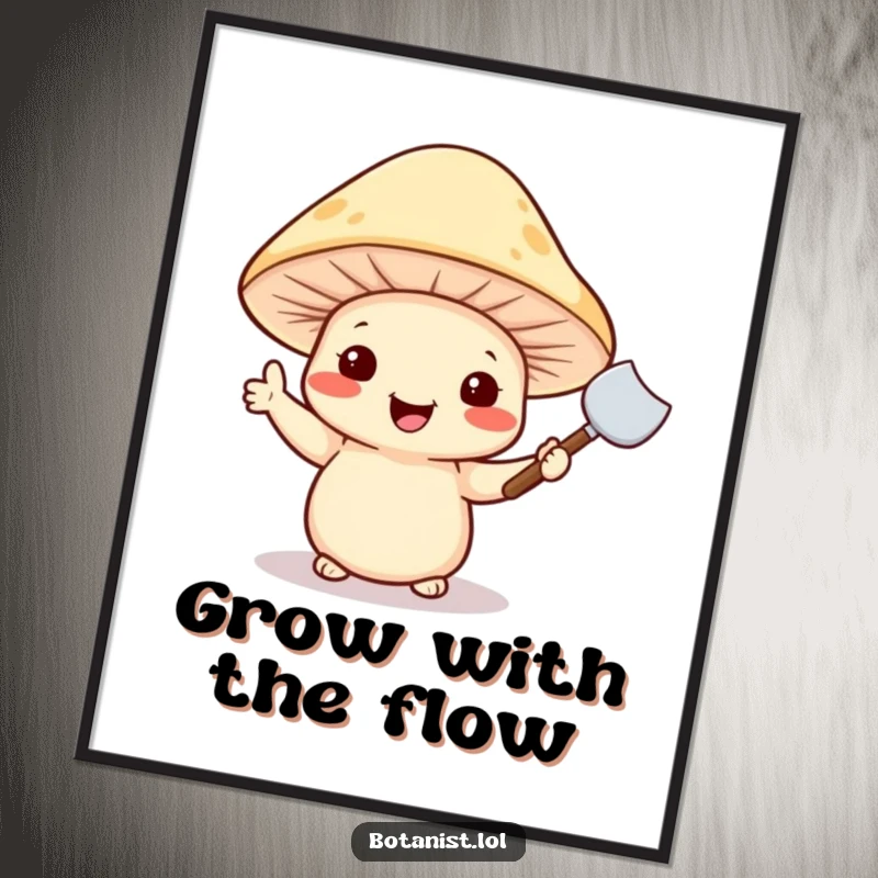 Funny poster art of a cheerful mushroom wearing a hat and playfully waving a tiny trowel, inviting fun.