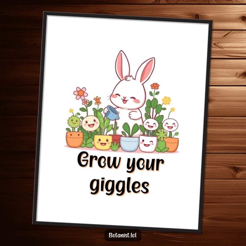 Funny rabbit gardener poster, a giggling rabbit watering large smiling plants, creating a joyful and whimsical atmosphere.