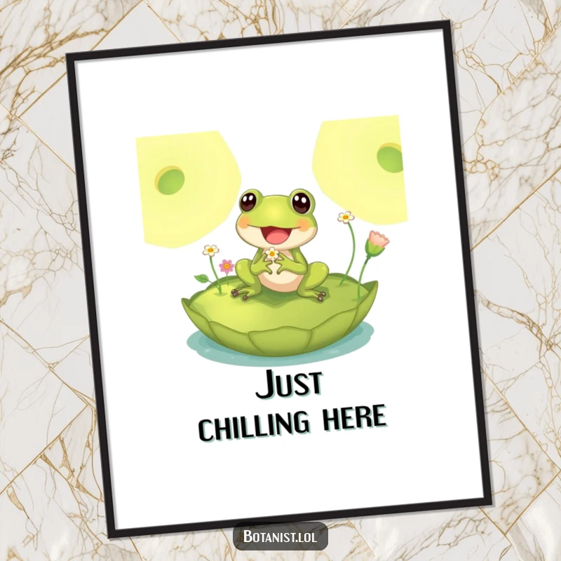 Funny poster art of a delighted frog sitting on a giant lily pad, inspecting tiny flowers, radiating peaceful joy and subtle humor.
