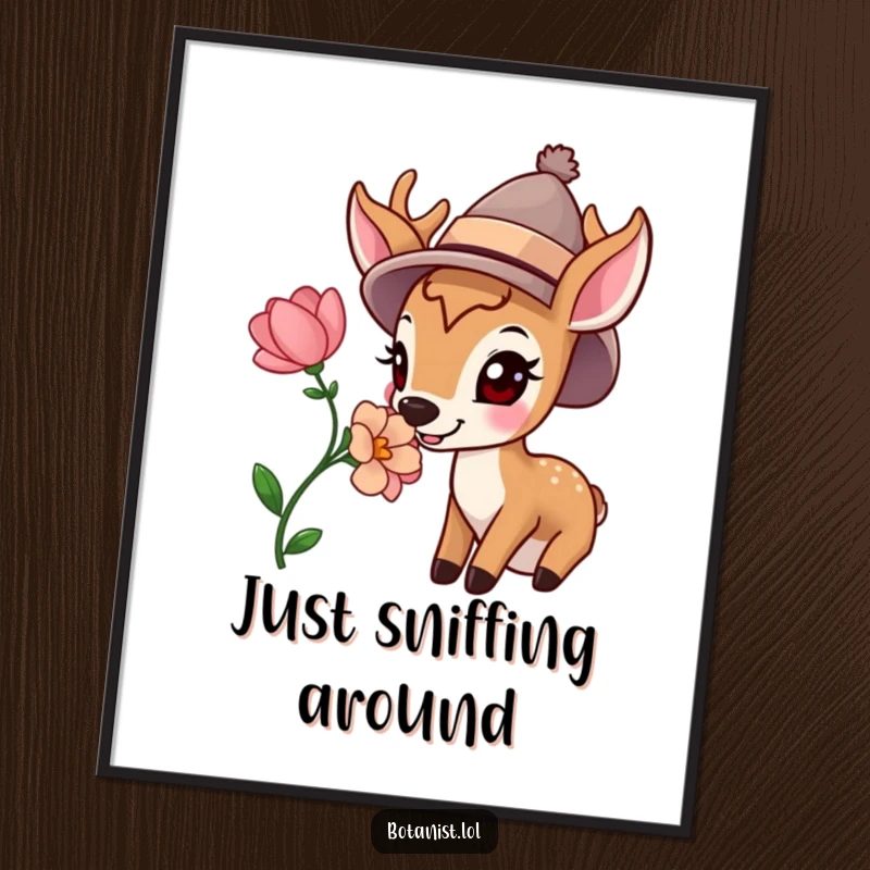 Funny poster art of a happy deer wearing a hat, gently sniffing a vibrant, freshly cut flower, radiating peaceful and humorous vibes.