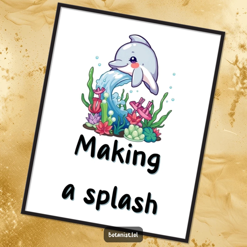 Funny Dolphin Poster art of a playful dolphin splashing water enthusiastically onto a vibrant array of aquatic plants in a deep blue sea.