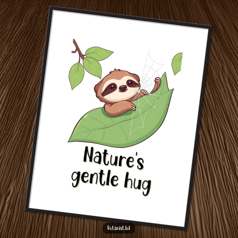 Funny sloth poster depicting a smiling sloth gently stroking a dewy spiderweb on a large leaf, peaceful and humorous wall art.