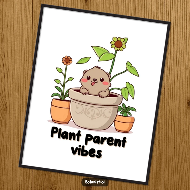 Funny cheerful mole poster, popping out of a giant plant, creating whimsical and humorous garden wall art.