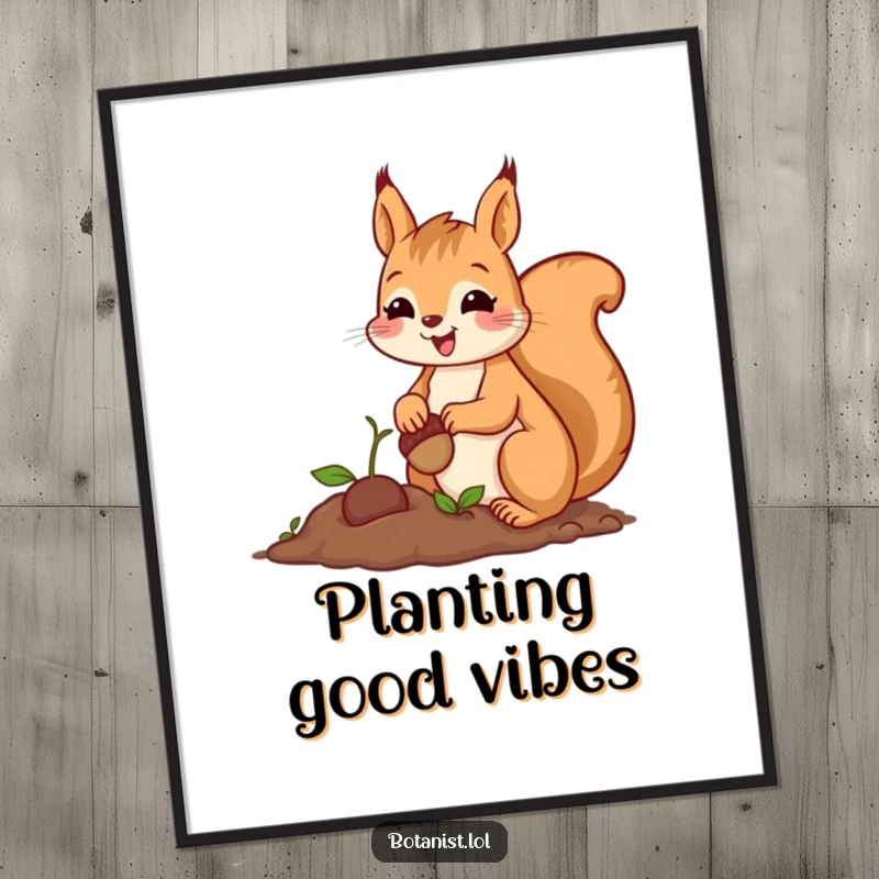 Funny poster featuring a cheerful squirrel with a proud smile, carefully planting a tiny acorn, symbolizing new beginnings.