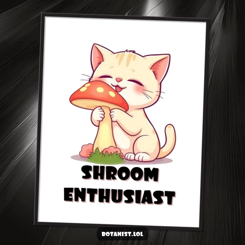 Funny poster art of a giggling cat gently touching a vibrant, glowing mushroom with curiosity.