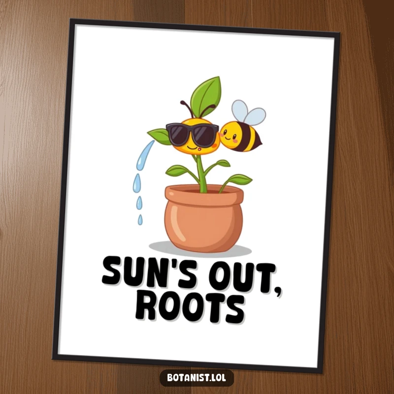 Funny poster art of a happy plant wearing sunglasses while a smiling bee waters it, creating a whimsical garden scene.