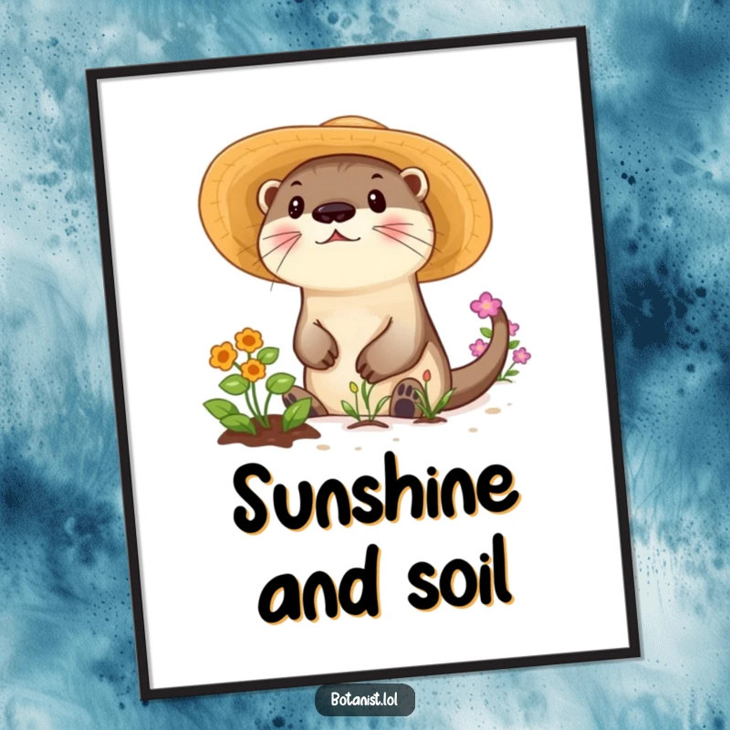 Funny poster art of a playful otter wearing a sunhat, happily tending a garden filled with colorful plants.