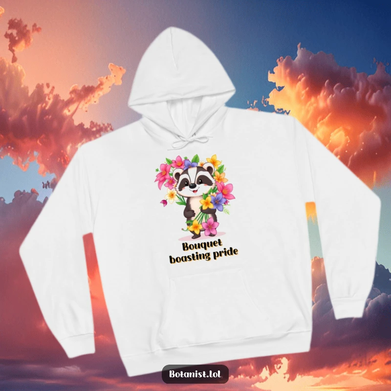 Funny happy badger hoodie, carrying a massive bouquet of flowers, offering cozy comfort and floral humor.