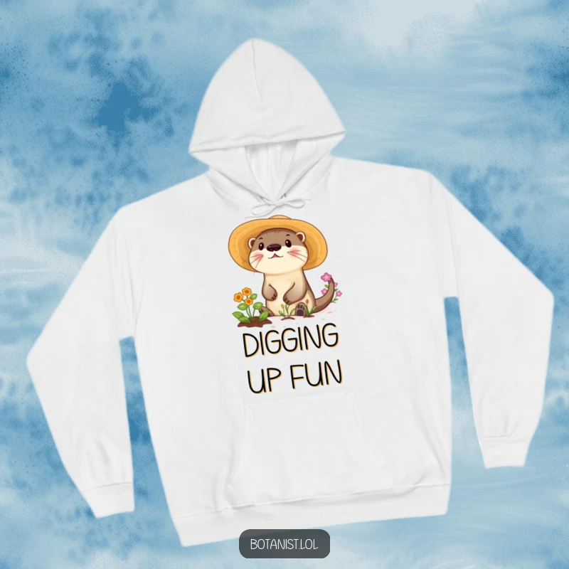 Funny hoodie showing a playful otter in a sunhat, joyfully tending to a vibrant garden, embodying fun.