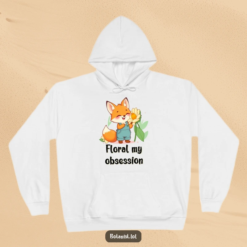 Funny fox gardener hoodie showing a cute fox in overalls with wide eyes admiring an enormous, detailed flower.