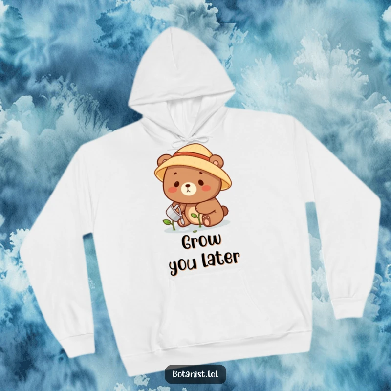 Funny bear gardener hoodie showing a contented bear in a straw hat watering a tiny, hopeful sprout, emphasizing care and humor.