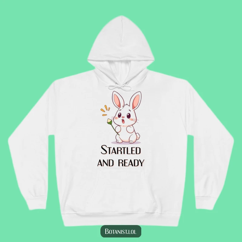 Funny Bunny Startled Hoodie: Cozy Surprised Bunny Reacting to Popping Seed, Perfect Gift