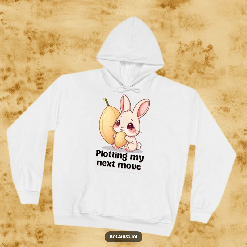 Funny hoodie: A detailed illustration of a curious rabbit intently studying a massive, shimmering seed with awe and wonder. A great funny gift.