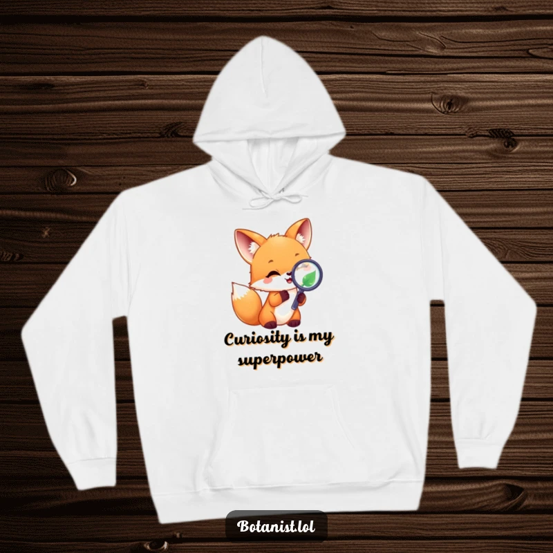 Funny joyful fox cub using a magnifying glass on a leaf, a cozy and humorous explorer hoodie. Ideal gift.