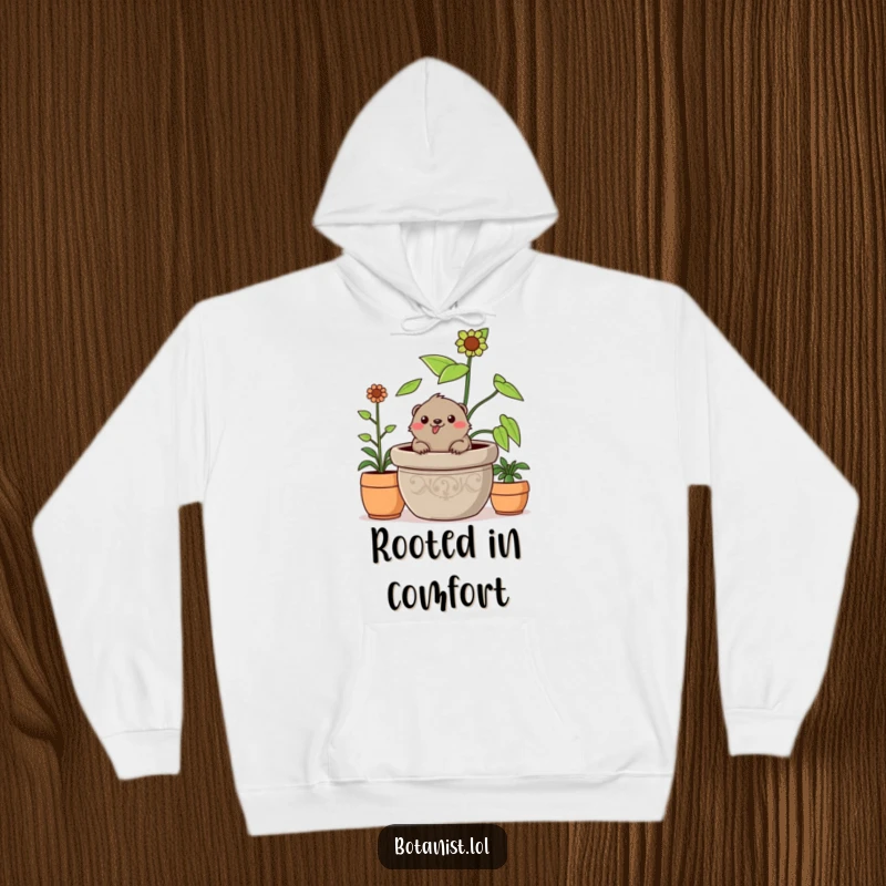 Funny cheerful mole hoodie, peeking from a large potted plant, offering warmth and humorous gardening charm.