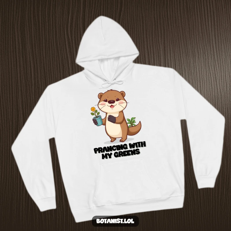 Funny otter wearing gardening gloves prances with a potted plant, bringing whimsy to this comfortable and humorous hoodie.