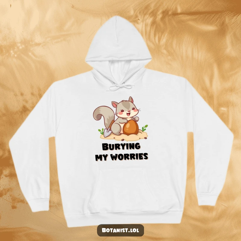 Funny squirrel burying a nut with a tiny shovel, a warm and comfortable hoodie for outdoor enthusiasts.