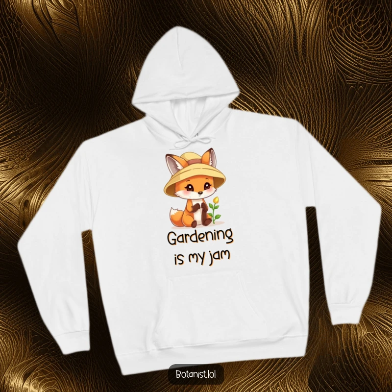 Funny fox hoodie, wearing a sunhat, curiously examining a tiny sprout with delight, radiating peaceful joy.