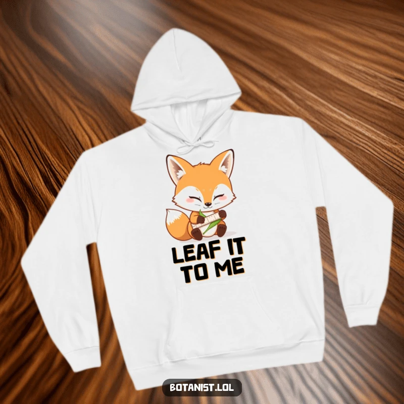 Funny fox hoodie, a determined character carefully measuring a leaf with a tiny ruler and focused expression.