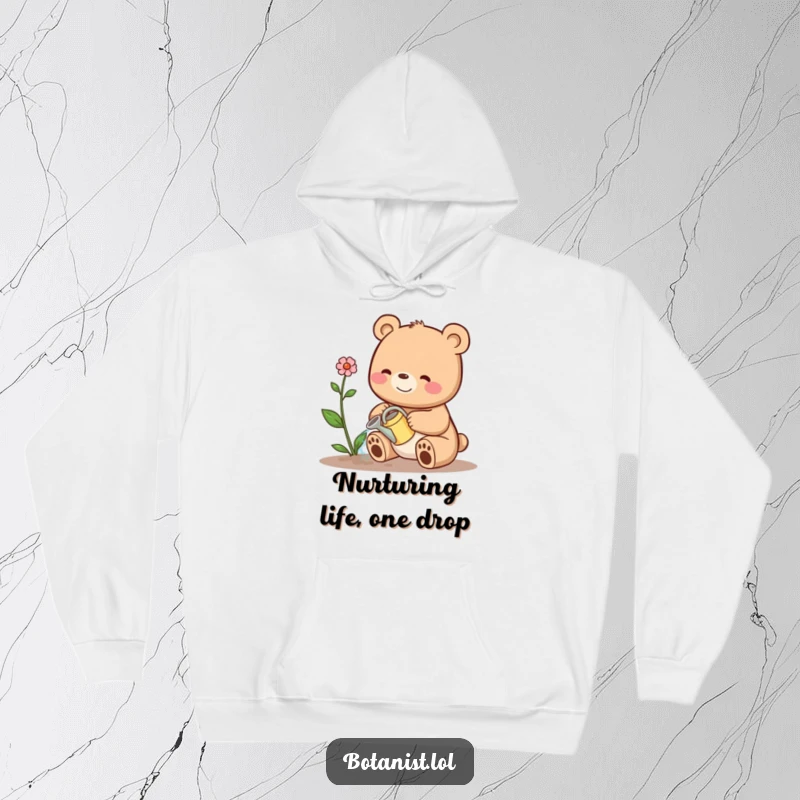 Funny hoodie depicting a happy bear using a small watering can for a sad, wilting plant, a cozy funny gift.
