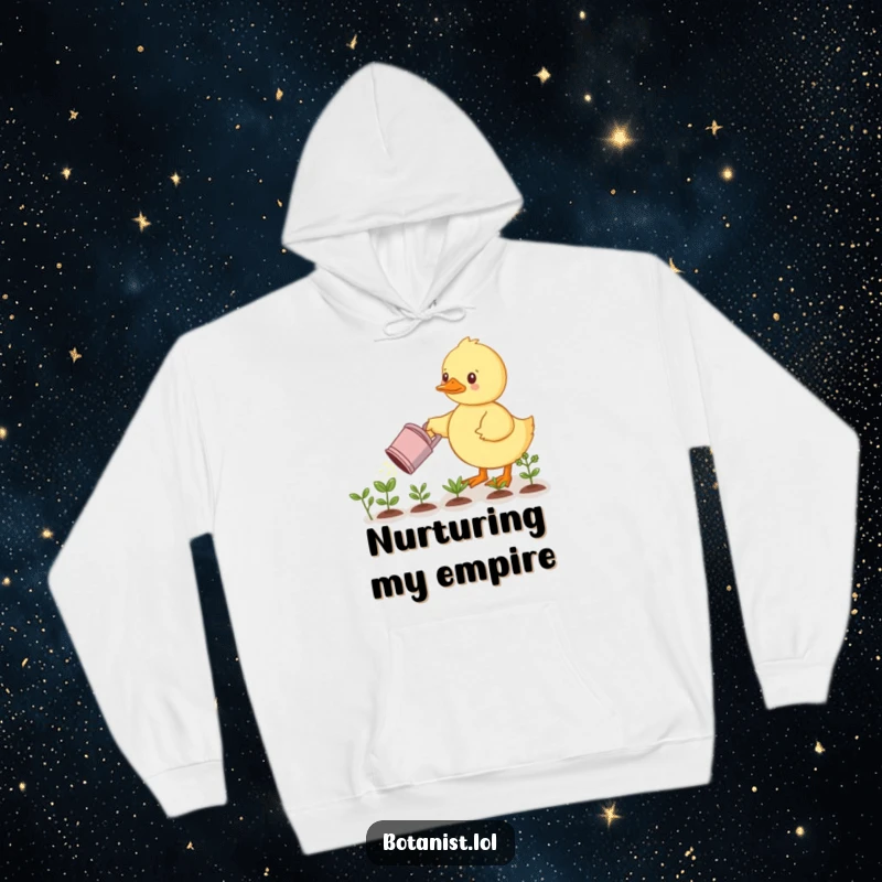 Funny hoodie: A cute duckling with a serious expression waters a line of tiny, vibrant plants. A warm and funny gardener's gift.