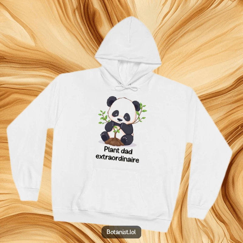 Funny Panda Hoodie: A calm panda meticulously repots a small tree, offering comfort and a reminder of nature's gentle pace.