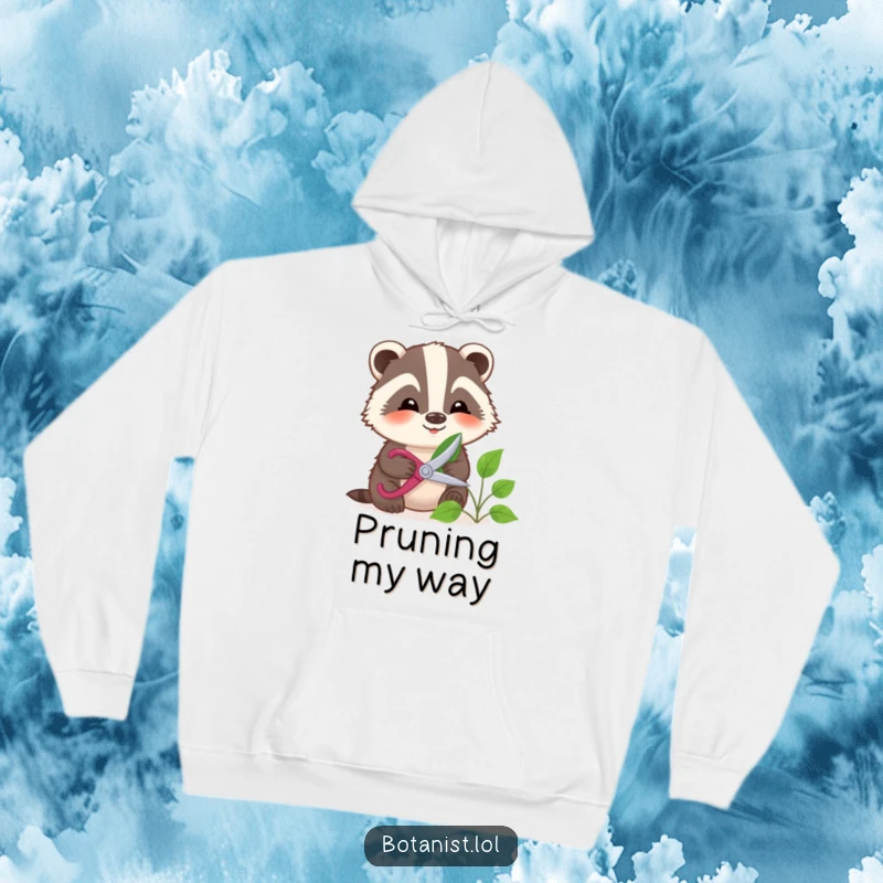 Funny badger gently pruning a leaf with shears, a comfortable and warm hoodie for gardeners.