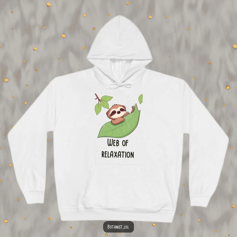 Funny sloth hoodie showing a smiling sloth gently caressing a dewy spiderweb on a large leaf, designed for ultimate relaxation.