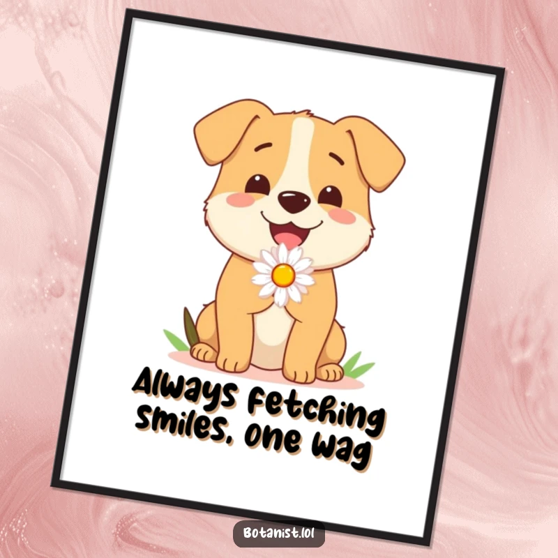 Funny Free Printable Wall Art: A happy dog holds a single daisy, its tail wagging with pure, expectant joy, ready to brighten your walls.