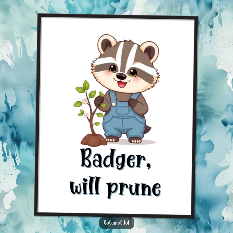 Funny Free Printable Badger Wall Art: A badger in overalls happily prunes a blossoming tree, bringing a touch of nature's humor.