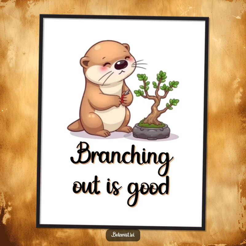 Funny Free Printable Wall Art: Otter meticulously pruning a small bonsai tree, a calm yet humorous downloadable art piece.