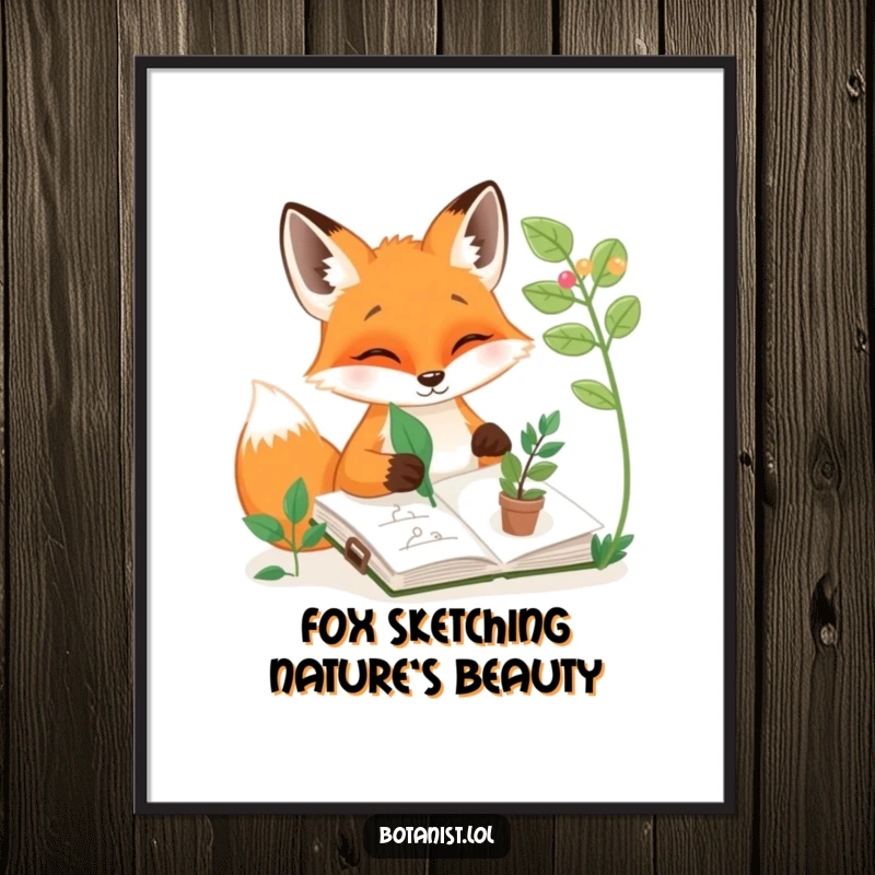 Funny Free Printable Wall Art: A happy fox artist sits peacefully, sketching plants in a sketchbook with the aid of a single fallen leaf.