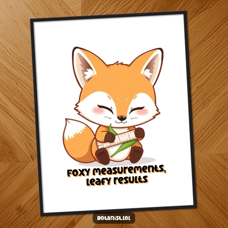 Funny Free Printable Wall Art: A determined fox concentrating on measuring a leaf with a tiny ruler, perfect for a quirky space.