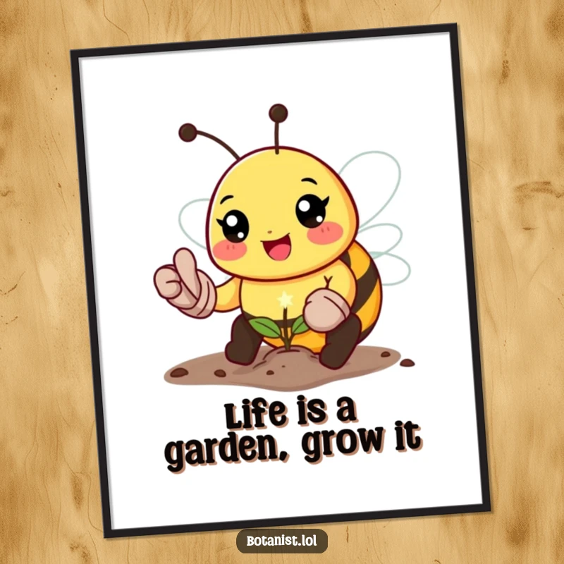 Funny Free Printable Wall Art of a happy bee wearing gardening gloves and planting a tiny sparkling seed, full of personality.
