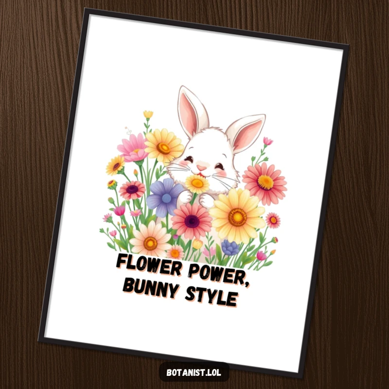 Funny Free Printable Wall Art: Joyful bunny sniffing a large bouquet of colorful wildflowers, whimsical downloadable art.