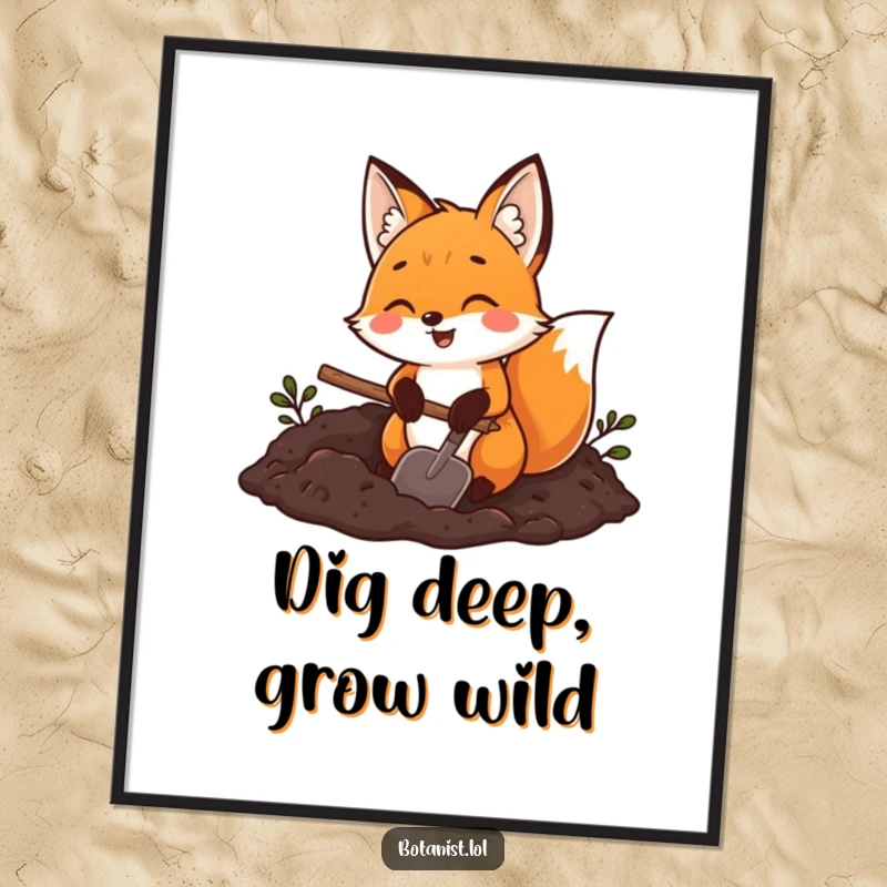 Funny Free Printable Wall Art: a joyful fox holding a trowel and digging energetically in rich, dark soil.