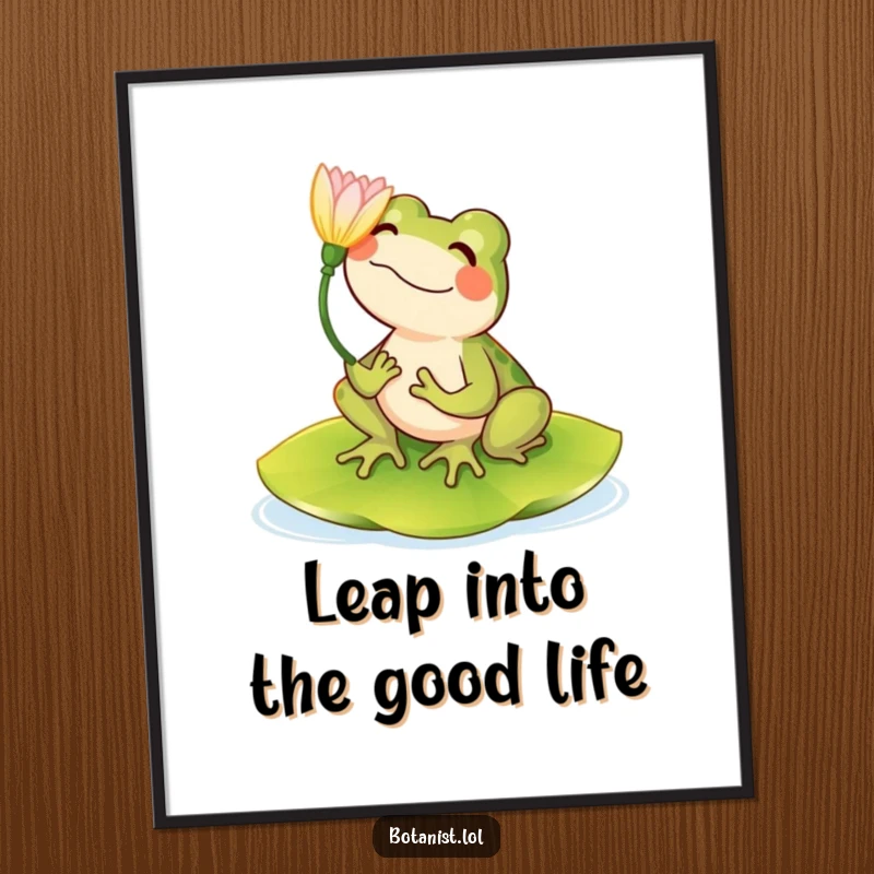 Funny Free Printable Wall Art: A happy frog sitting peacefully on a lily pad, admiring a colorful bloom.