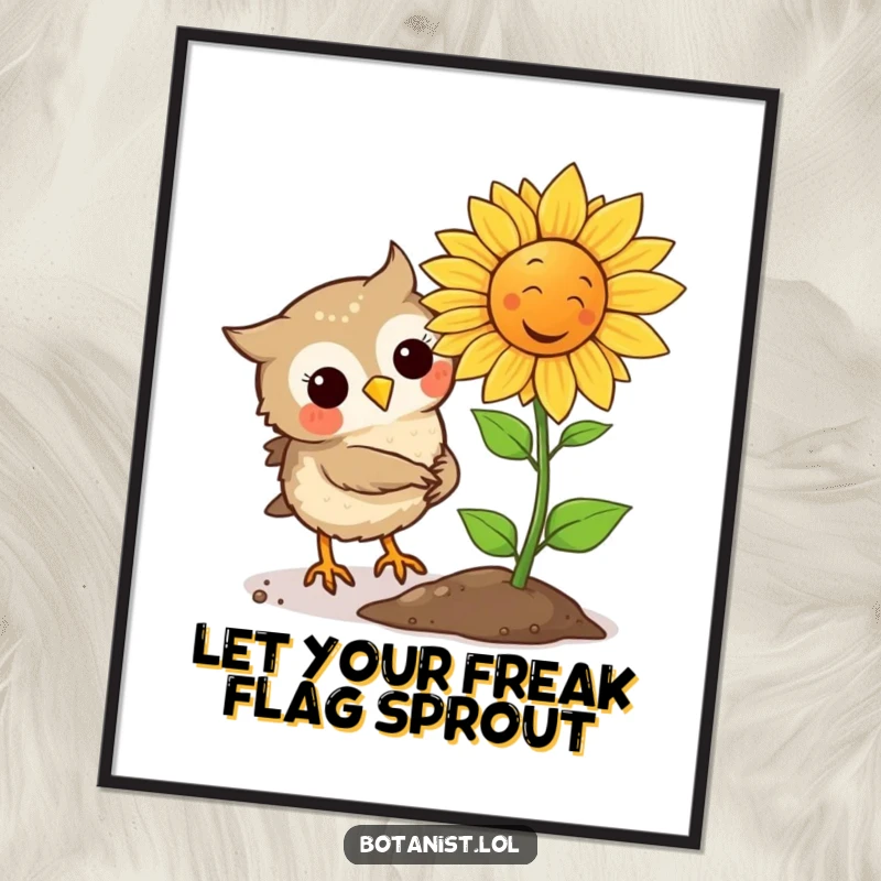 Funny Free Printable Owl Wall Art: A wise owl plants a seed that sprouts a comically laughing sunflower, perfect downloadable decor.