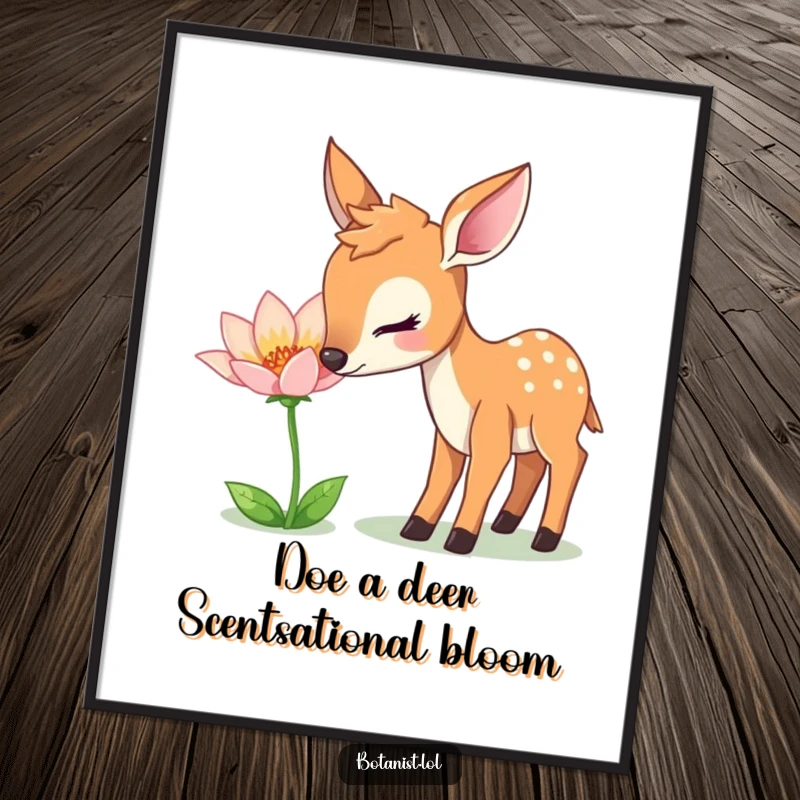 Funny Free Printable Wall Art: Gentle deer curiously sniffs a unique, shimmering flower, a magical DIY artwork.