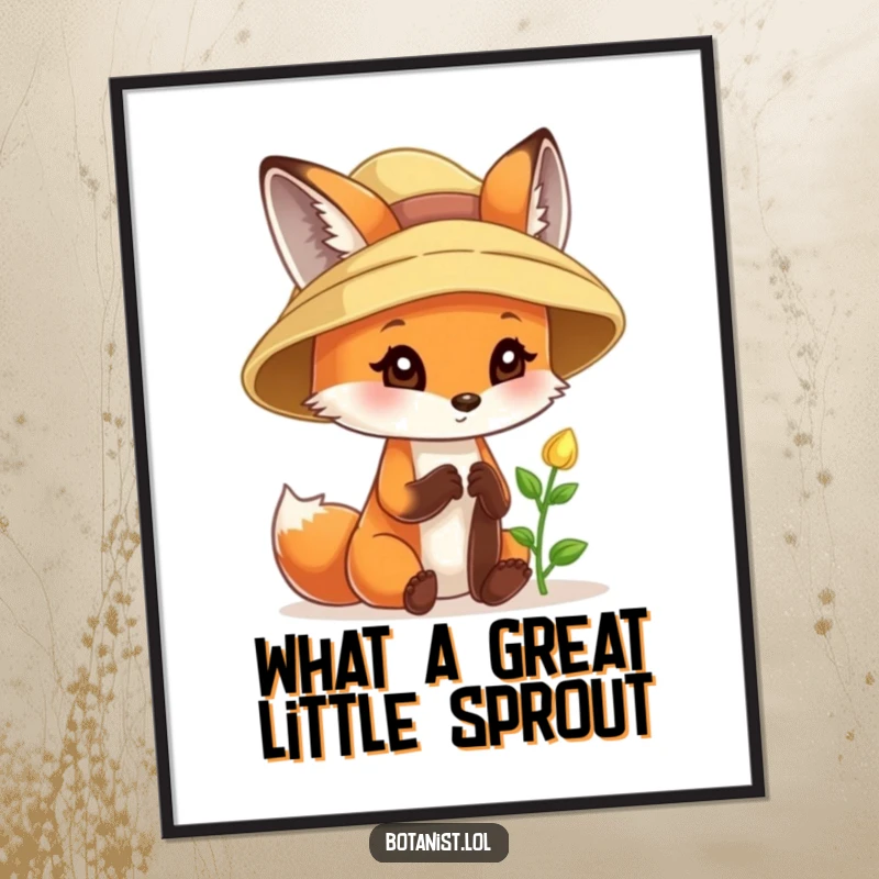 Funny Free Printable Wall Art: A curious fox wearing a sunhat, delightedly examining a tiny sprout, capturing a moment of wonder.