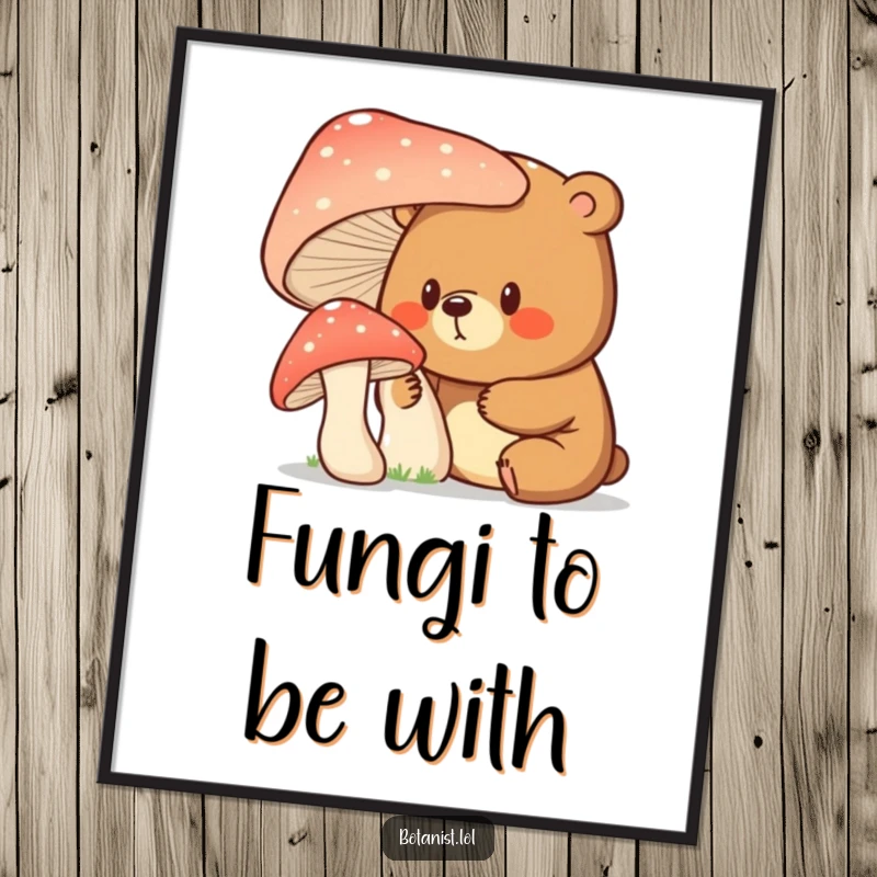 Funny Free Printable Wall Art: A bear with a surprised and curious expression peers at a comically giant mushroom.