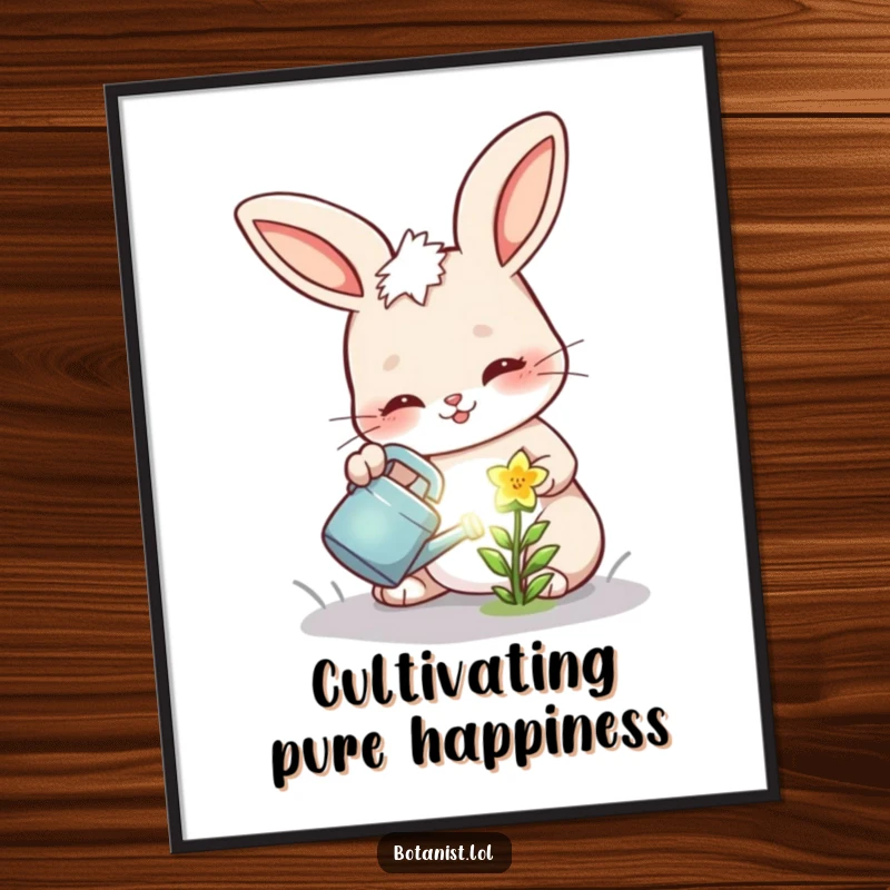 Funny Free Printable Wall Art: Cheerful bunny determinedly watering a tiny, glowing flower, radiating gentle light and care.